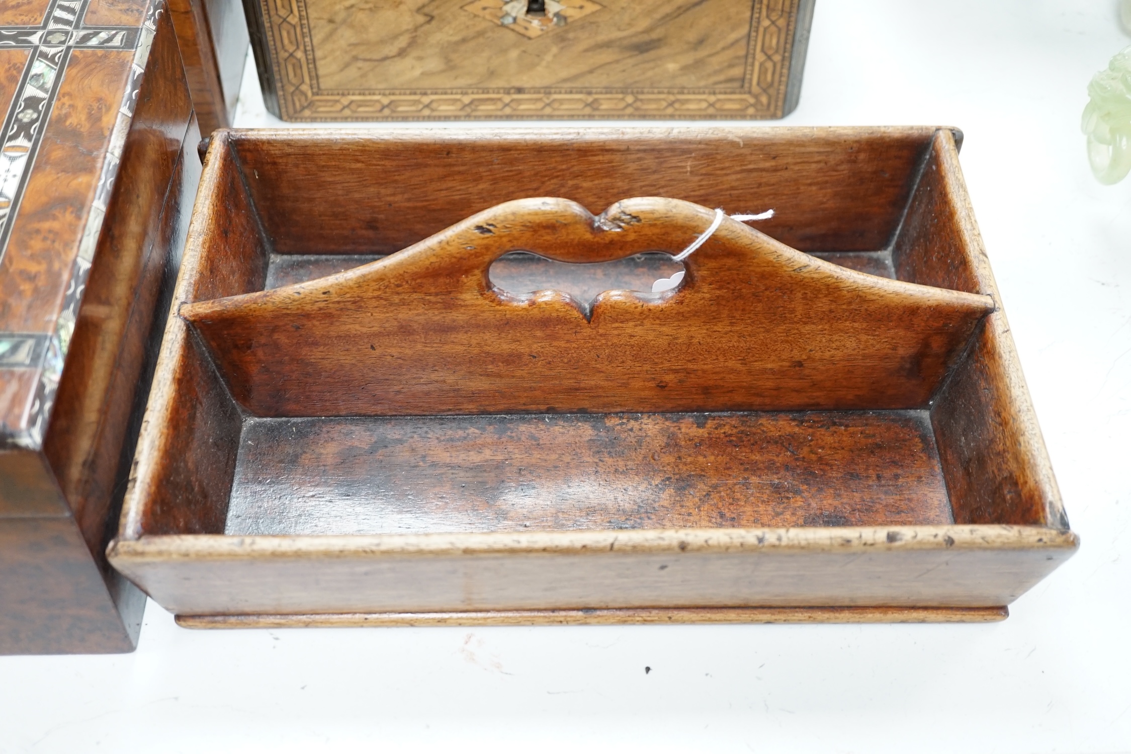 Two Victorian boxes, an amboyna writing slope and a cutlery tray / carrier, largest 33cm wide. Condition - fair
